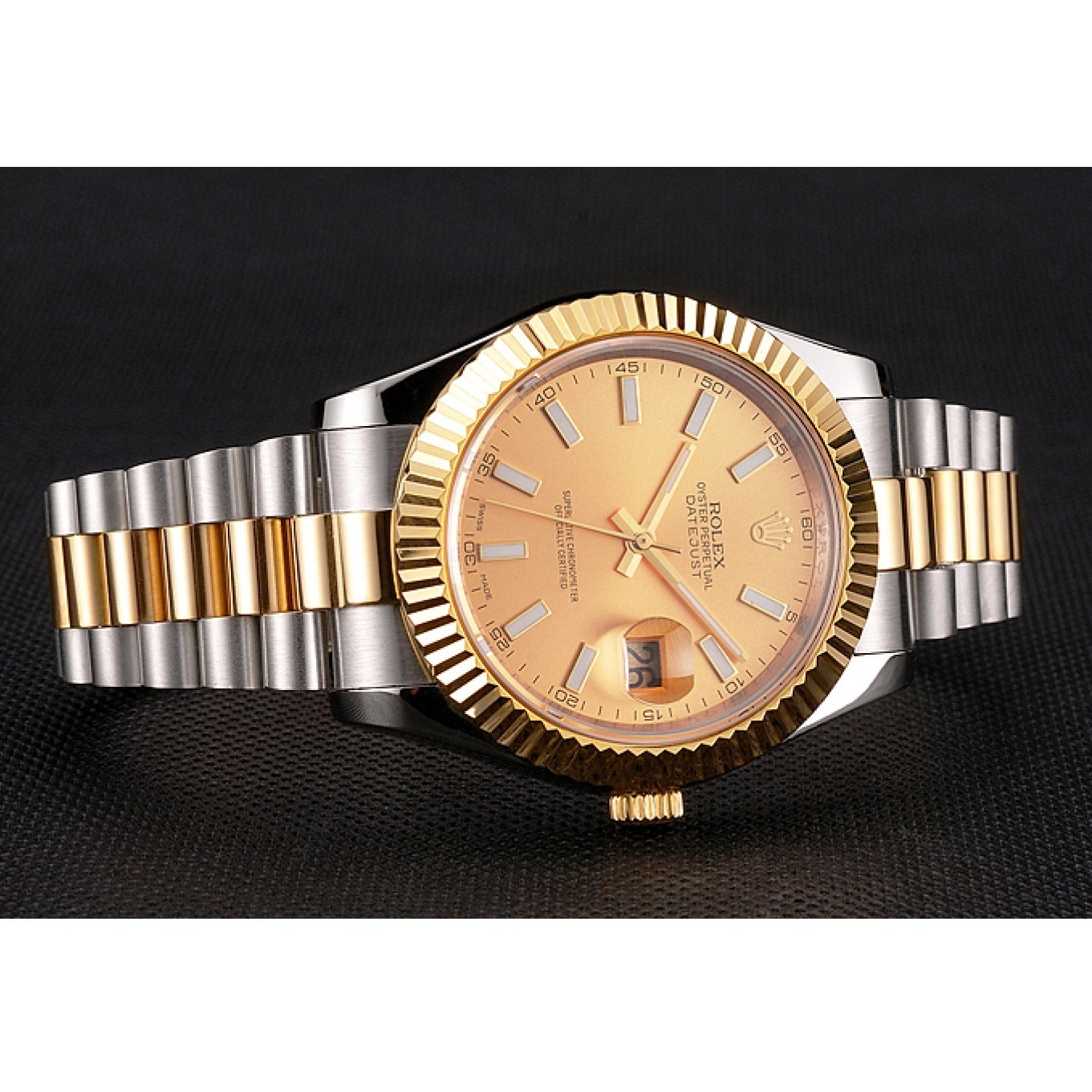 Aaa replica watch Datejust Bezel Rolex Gold Swiss Two Dial Stainless Gold Steel Tone Case Bracelet 0614
